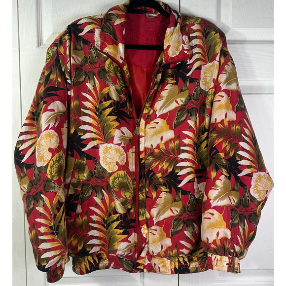 FUDA Int'l Jacket Floral Print 100% Silk Bomber zip Sz XL Vtg Shoulder pads - Picture 1 of 10